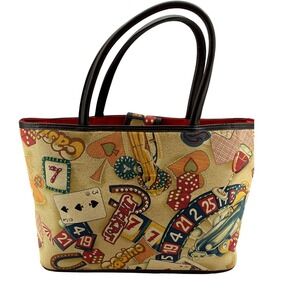 Vintage  Print Tote Bag Las Vegas Roulette Cards Dice Red Lining